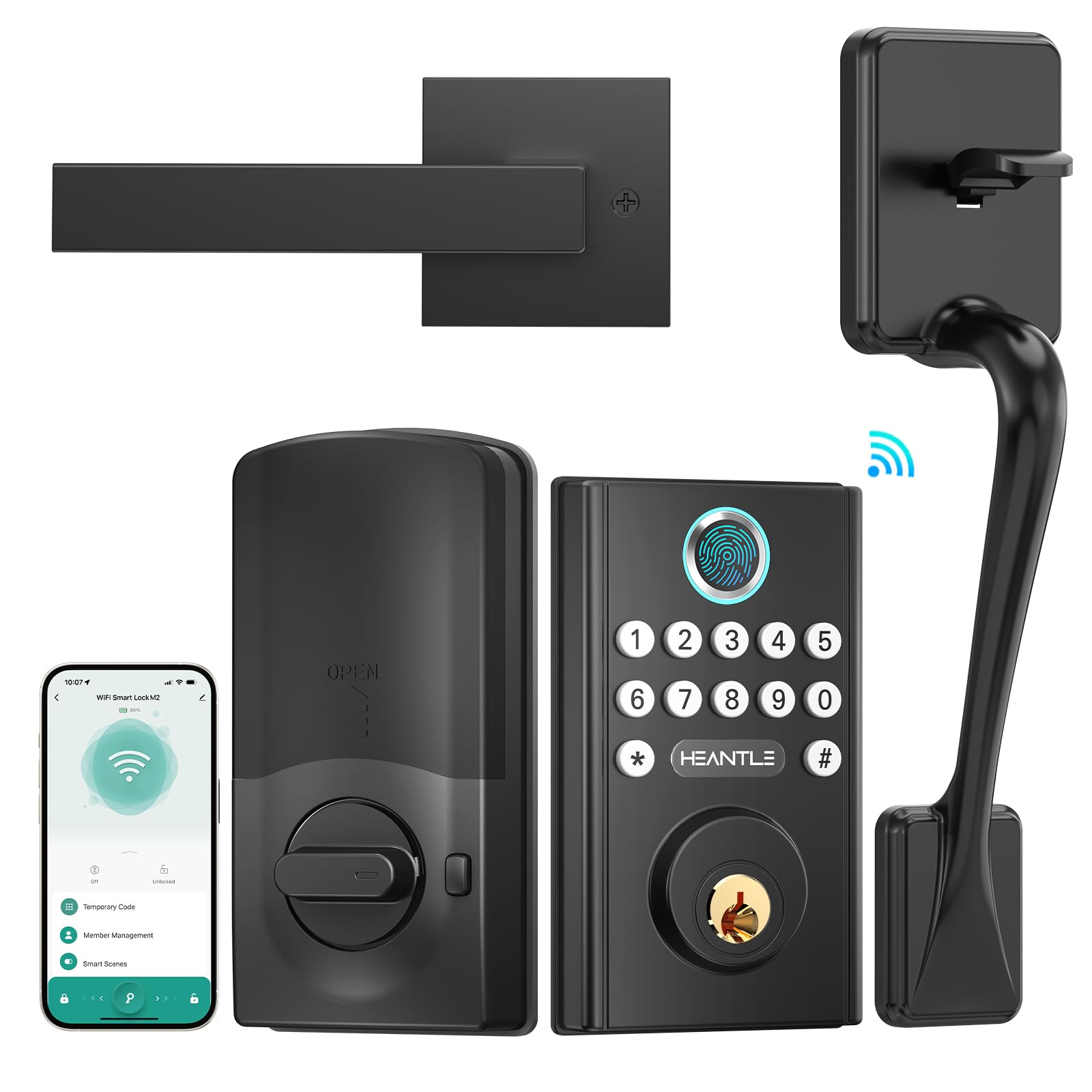 Photo 1 of WiFi Front Door Lock with Handle: HEANTLE Keyless Smart Deadbolt Set Keypad Fingerprint Deadbolt Handleset Alexa Compatible Auto Lock App Remote Control