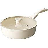 Redchef Nonstick Deep Frying Pan with Lid, Ceramic Saute Pan Skillet, PFOA PFOS Free, Induction Compatible, Stay-Cool Helper Handle, Tempered Glass Cover, Dishwasher Safe, Beige (3.7Qt, 10")