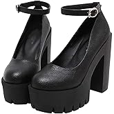 KOKOMOMO Womens Round Toe Platform Pumps Ankle Strap Mary Janes Chunky High Heels Goth Shoes