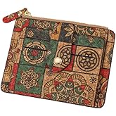 Spevert Small Slim Thin Credit Card Bag for Women, Vintage Print Blocking Bifold Cork Wallet with Zipper Coin Pocket,ID Window (Green Grid)