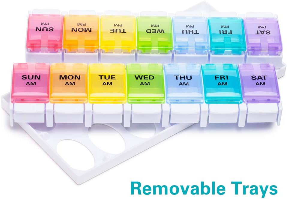 AM PM Weekly 7 Day Pill Organizer, Sukuos Large Daily Pill Cases Pill Box with Easy Push Button Design for Pills/Vitamin/Fish Oil/Supplements (Rainbow): Health & Personal Care