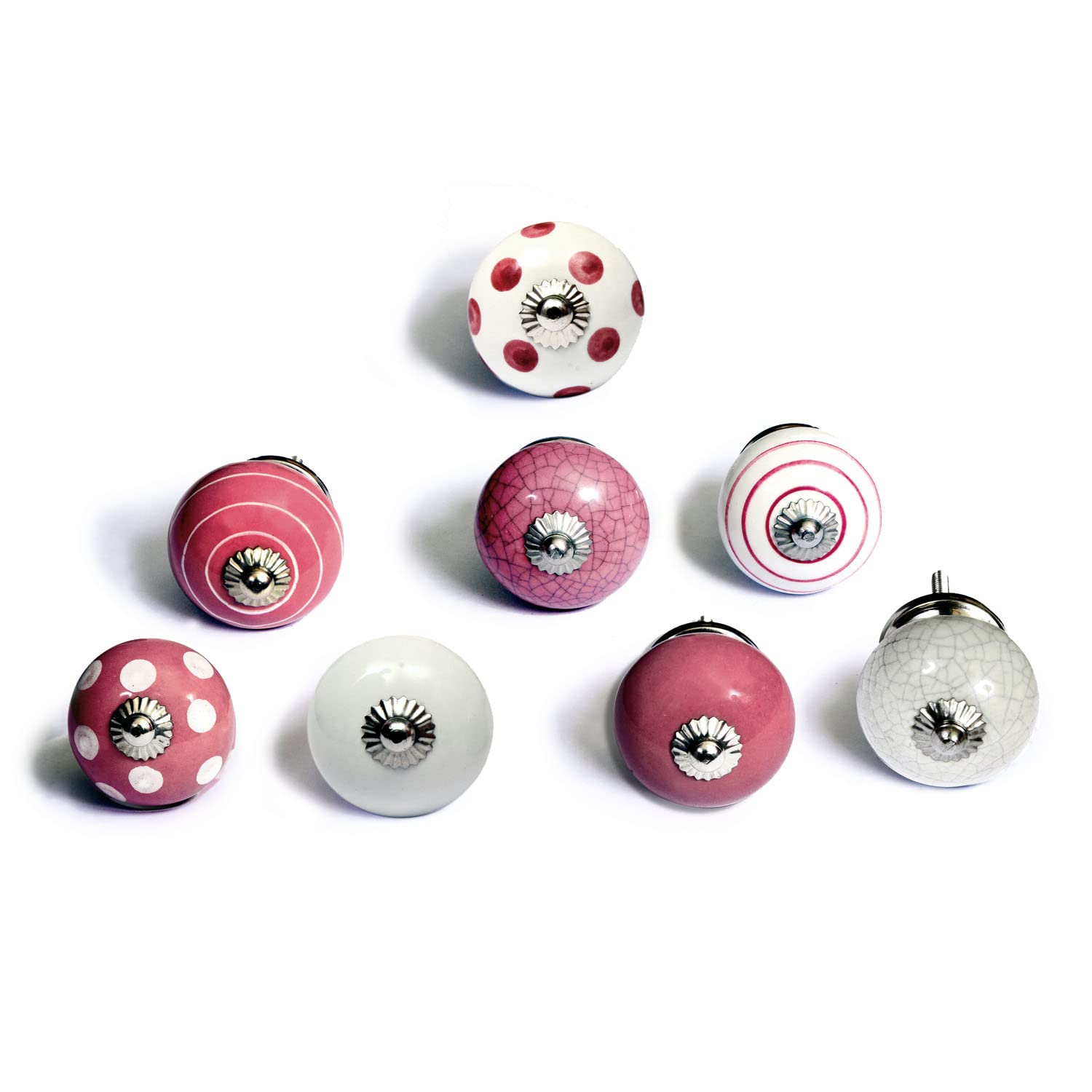 Nacnic Set of 8 Ceramic knobs in White and Pink, Hand Painted with Different Designs. Handcrafted Handles for cabinets, Drawers, Dressers and Hangers. Classic knobs of 40mm Diameter