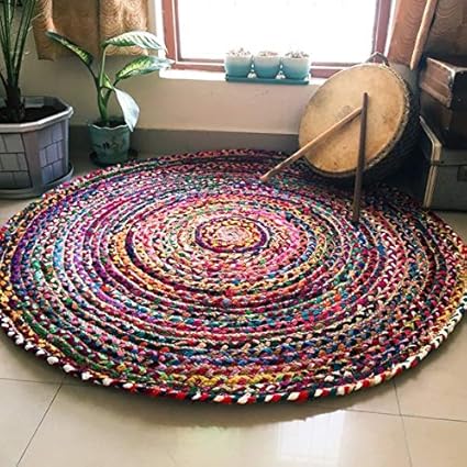 Jai Shri Shyam Cotton Chindi Rug/Door Mat for Home-Natural Eco Yarn-90 cm Diameter