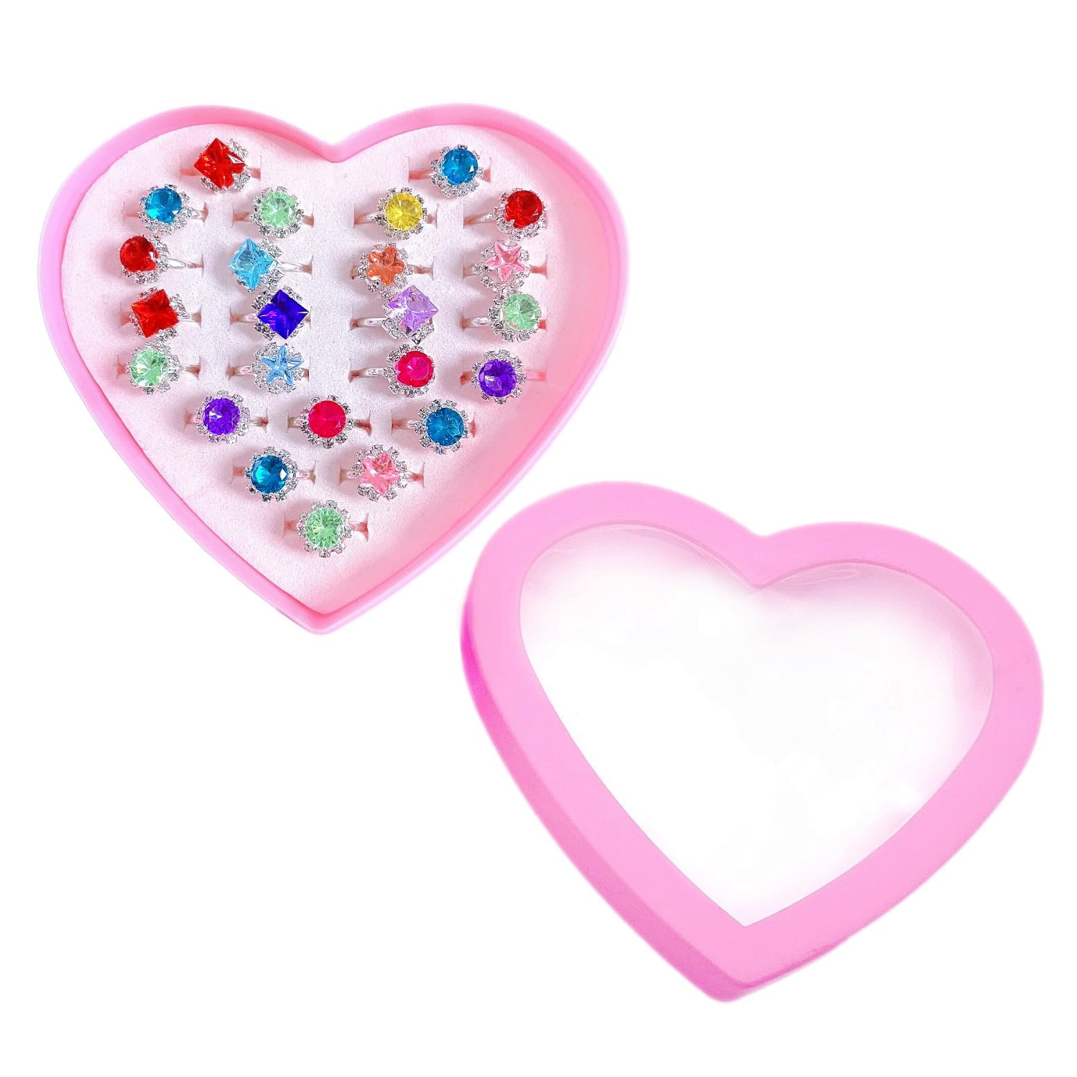 JZK 24x Adjustable artificial gemstone toy rings for little girls age 3-10 dress up jewellery with heart box, princess party bag fillers for girls Christmas birthday present party favours gift