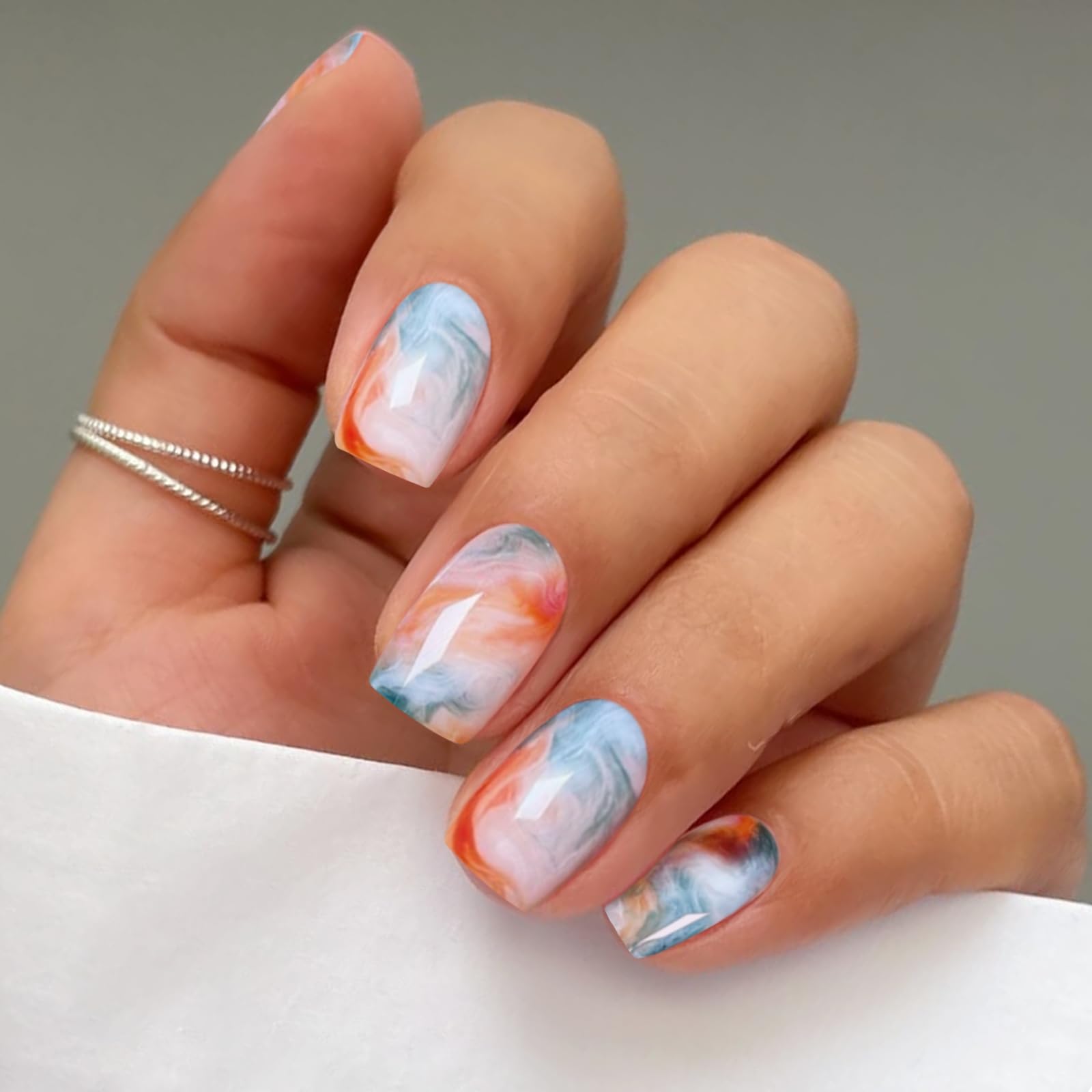 JMEOWIO Gel Nail Stickers Orange Blue Grey Marble Semi Cured Gel Nail Strips Wraps UV/LED Nails Art Design Decoration Accessories