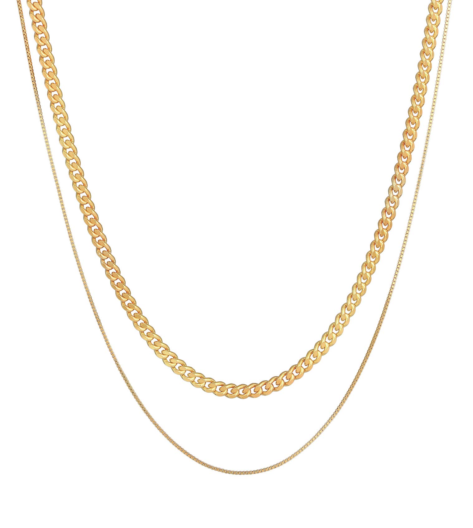 Kuzzoi Men's Necklace Set Made of 925 Sterling Silver Gold-Plated Solid Curb Chain 4 mm Polished Fine Venetian Chain 1 mm for Men, Robust Men's Chains, Length 50 + 55 cm, Sterling Silver