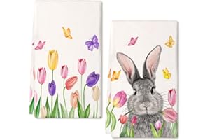 ARKENY Easter Kitchen Towels Set of 2,Floral Bunny Butterfly Dish Towels 18x26 Inch Drying Dishcloth,Farmhouse Holiday Seasonal Spring Decorations AD261