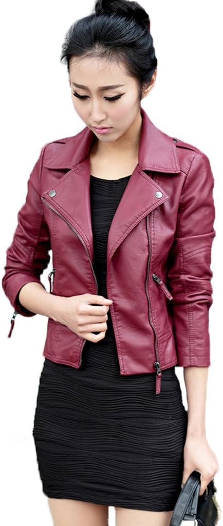 Women's Plus Size Slim Lapel Faux Leather Biker Motorcycle Zipper Jacket Coat