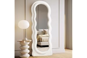 Anpark Full Length Mirror 63"x24" Irregular Wavy Full Body Mirror Wall Mounted Floor Mirror with Stand Ivory Flannel Frame Leaning Hanging Wall Mirror for Bedroom Entrance