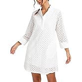 Kedera Women's Summer Long Sleeve Mini Dress V Neck Hollow Out Eyelet Shift A Line Swing Short Party Dresses