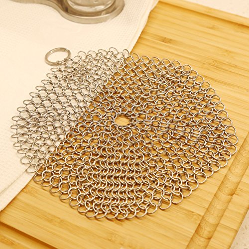 LauKingdom Cast Iron Cleaner, Stainless Steel Cast Iron Cleaner Chainmail Scrubber for Cast Iron Pan, Round (7 inch Round)