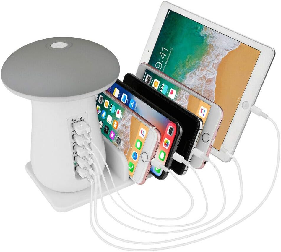 5 Port USB Charging Station,Desktop Mushroom LED Lamp with QC 3.0 Quick Charge Fast Charger for Multi Device