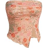 Milumia Women Floral Mesh Strapless Ruched Tube Top Split Hem Sleeveless Bandeau Crop Tops