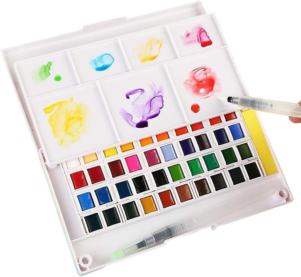 Watercolor Art Paint Set for adults and kids Portable Travel Watercolor Kit - Watercolor Field Sketch Set includes 2 Water Brush pens - 2 Sponges and 1 Mixing Palette (40 Colors)