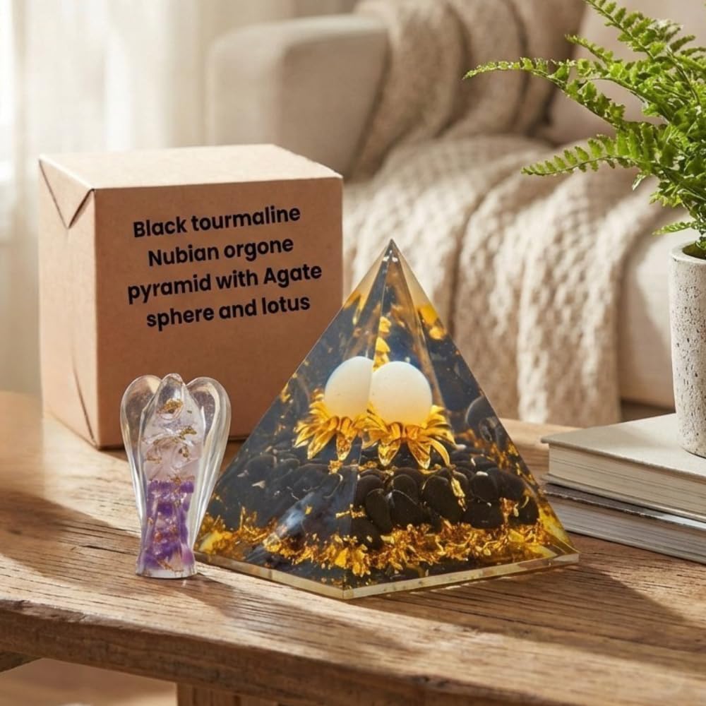 ZAARIYA Black Tourmaline Nubian Orgone Pyramid With Agate Sphere, lotus & an Angel for Chakra Energy Healing, Yoga, Meditation, Room Decor, New year & Good Luck Gifting (4.5x3x3 Inches)
