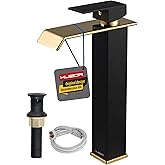 KUZOR Black and Gold Tall Waterfall Vessel/Bowl Sink Faucet – Single Hole 304 Stainless Steel Bathroom Faucet with Metal Pop-Up Drain, High Arc Spout for Modern Vanities
