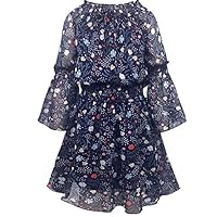 Smukke, Big Girls Tween Beautiful Printed Chiffon Off The Shoulder Long Sleeves Fall Dresses (Multiple Colors), 7-16 (10, Navy Multi)