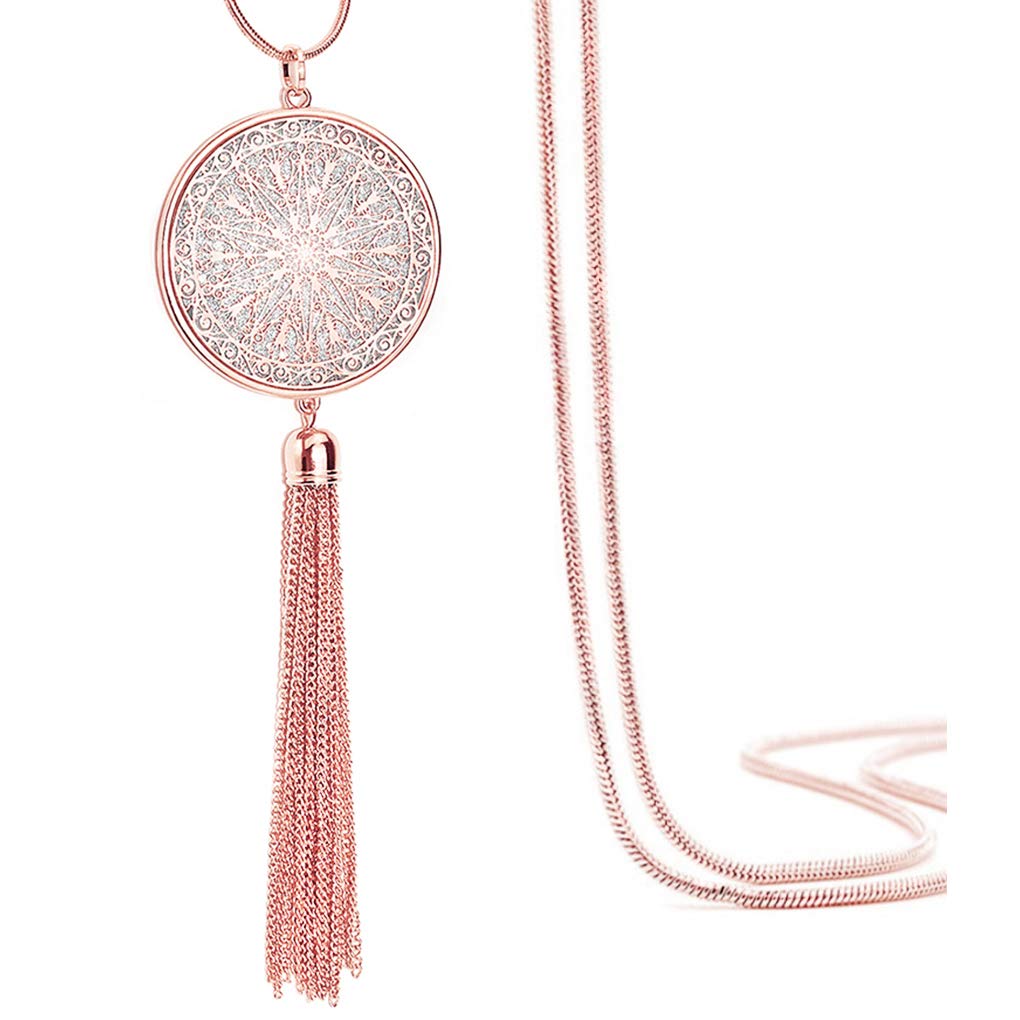 Suyi Long Tassel Necklace Hollow-out Disk Circle Sweater Chain Y Pendant Necklace for Women Round-RoseGold — image 1