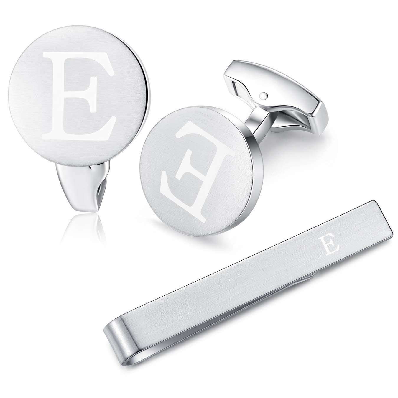 HONEY BEAR Initial Alphabet Letter Cufflinks Skinny Tie Clip Set for Mens Shirt - Round Stainless Steel, for Skinny Narrow Tie Business Wedding Gift,Brushed Silver,4cm (E)