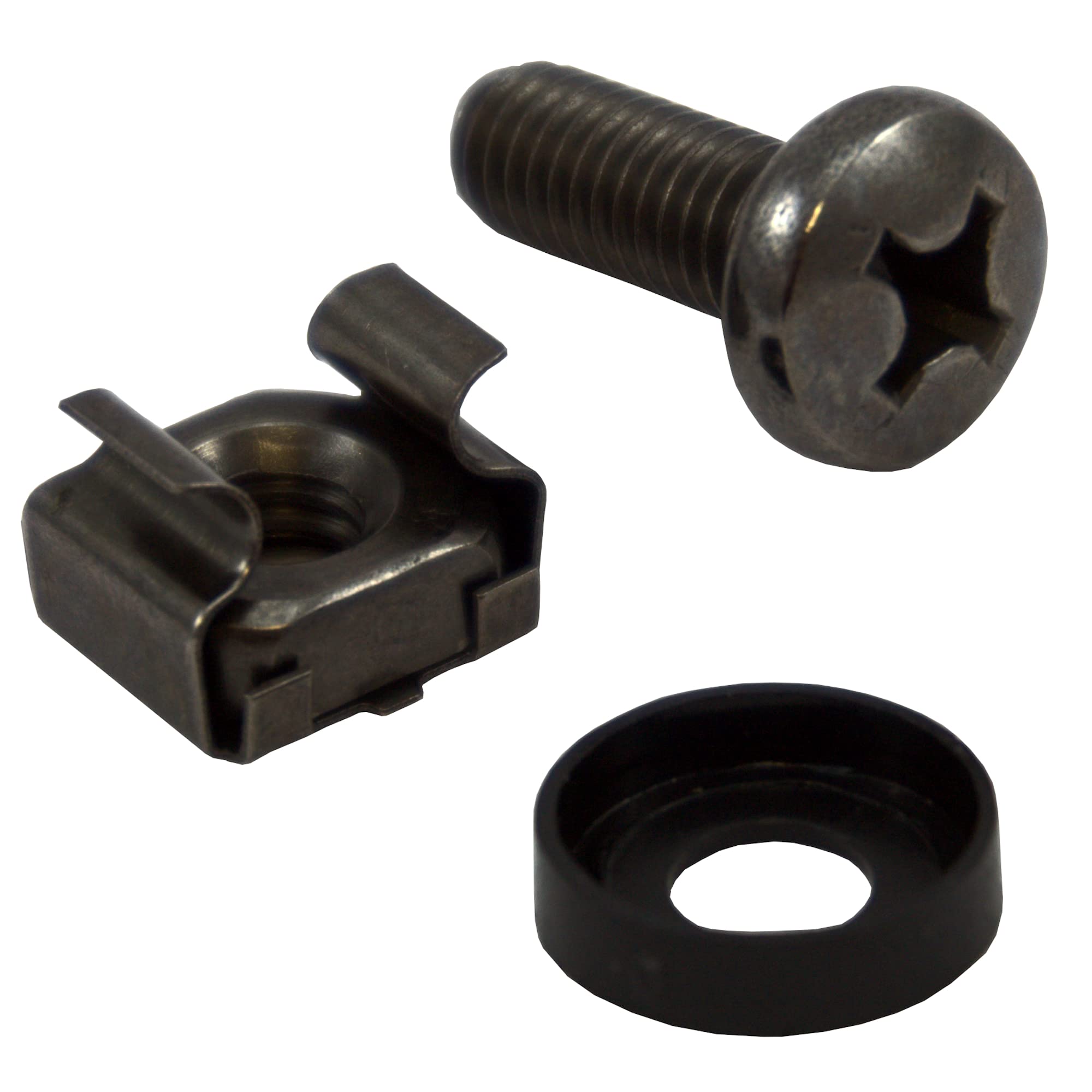 ConnectingU M6 16mm Cage Nuts, Screws and Washers for 10" or 19" Network Server Rack or Cabinet Equipment, Black, Box of 50