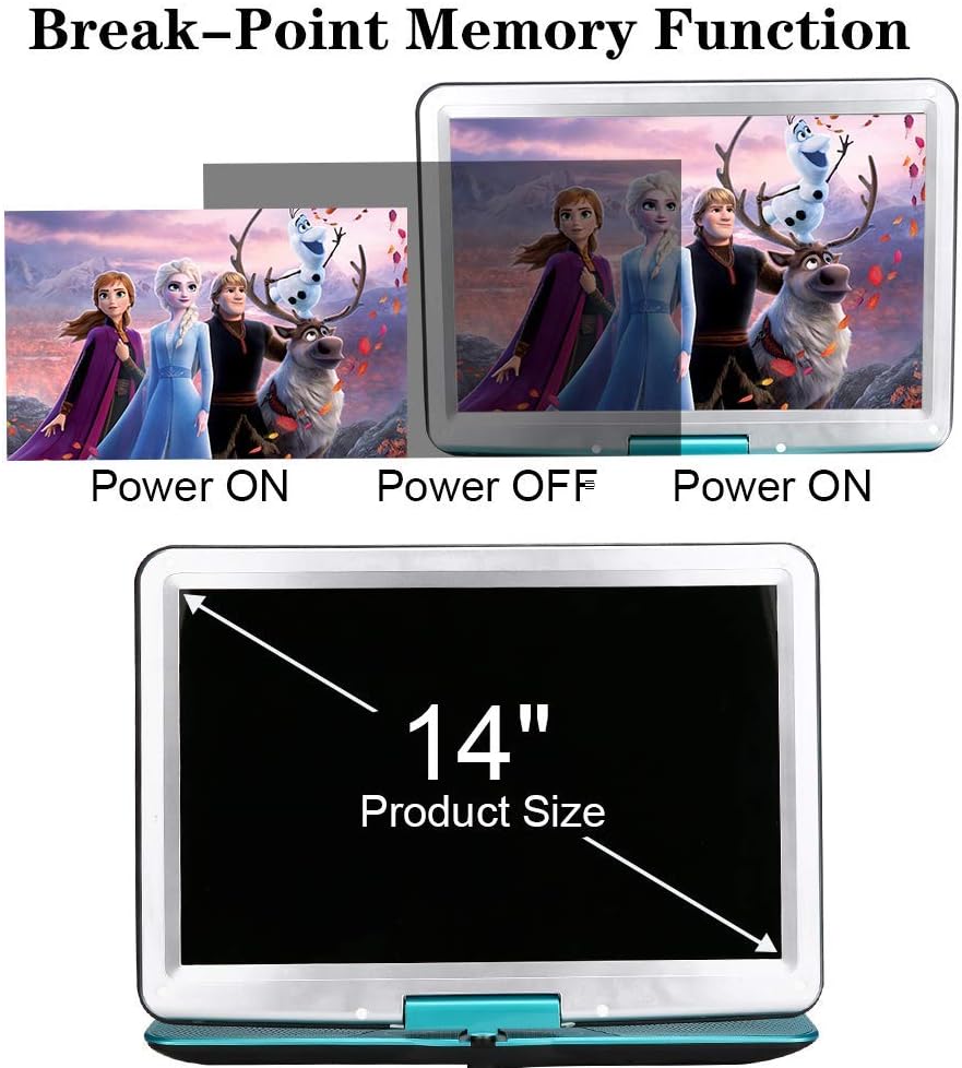 YOOHOO 14 inch Portable DVD Player with Remore Controller High Resolution Rechargeable Battery Large Size Screen DVD Player for Car (Green) - Image 5
