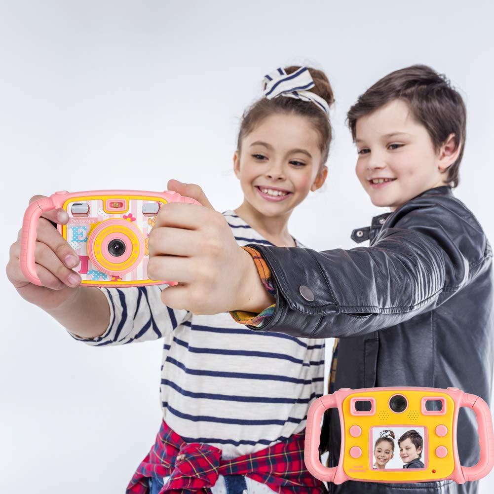 DROGRACE Kids Camera Dual Selfie Cameras 1080P HD Digital Video Camera Gift for Boys Girls Birthday Holidays with 4X Zoom, Flash, Built-in Microphone, Speaker and Drop-Resistant Handles – Pink