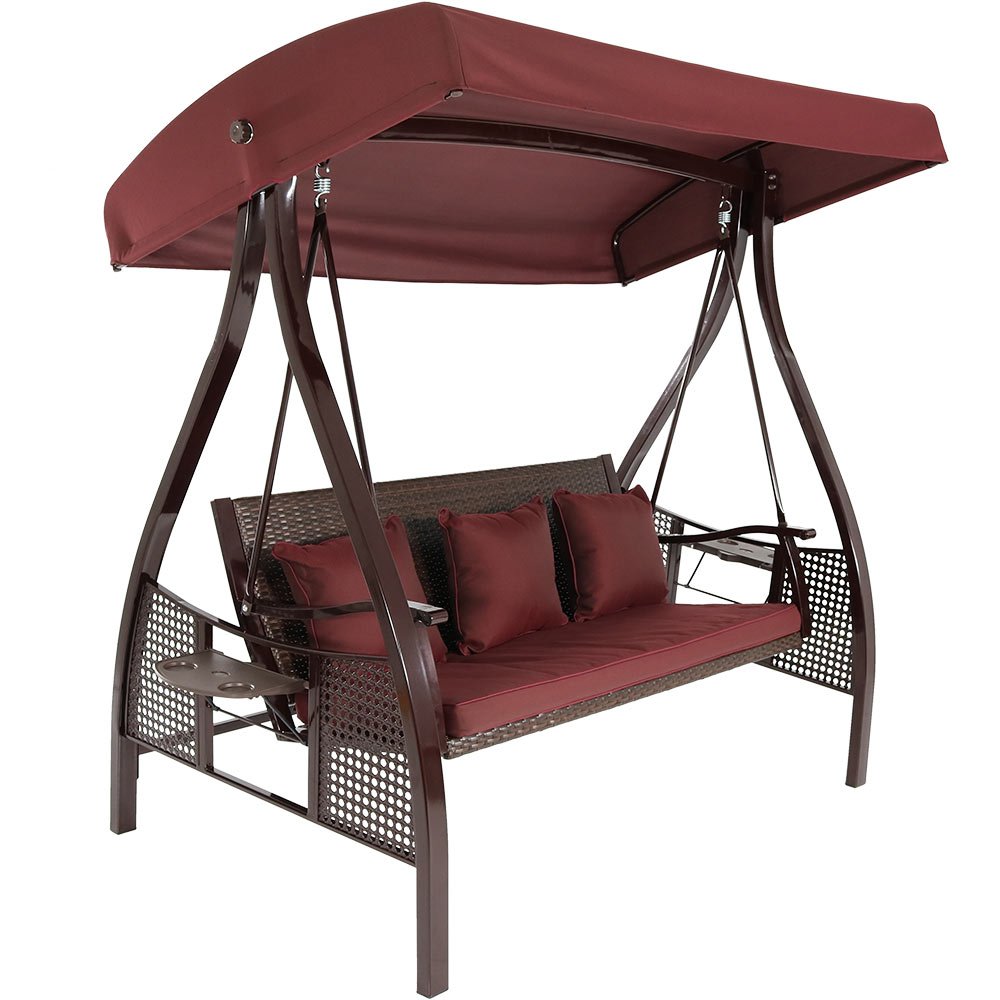 Sunnydaze 3-Seat Deluxe Outdoor Patio Swing with Heavy Duty Steel Frame and Canopy, Maroon Cushions Included