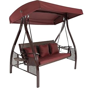 Sunnydaze 3-Seat Deluxe Outdoor Patio Swing with Heavy Duty Steel Frame and Canopy, Maroon Cushions Included
