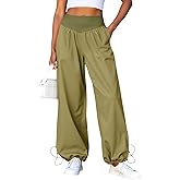 Fisoew Womens Wide Leg Pants Casual High Waist Baggy Track Pants Loose Fit Drawstring Cuffs Lounge Pant with Pockets Army Green