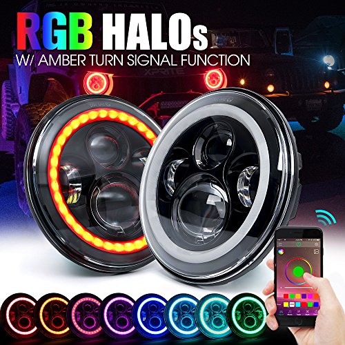Xprite 7″ Inch Round Bluetooth RGB 90W 7400 Lumens Hi/Lo Beam CREE LED Headlights w/ Halo Ring DRL and Turn Signal Function for Jeep Wrangler JK TJ LJ 1997 – 2017