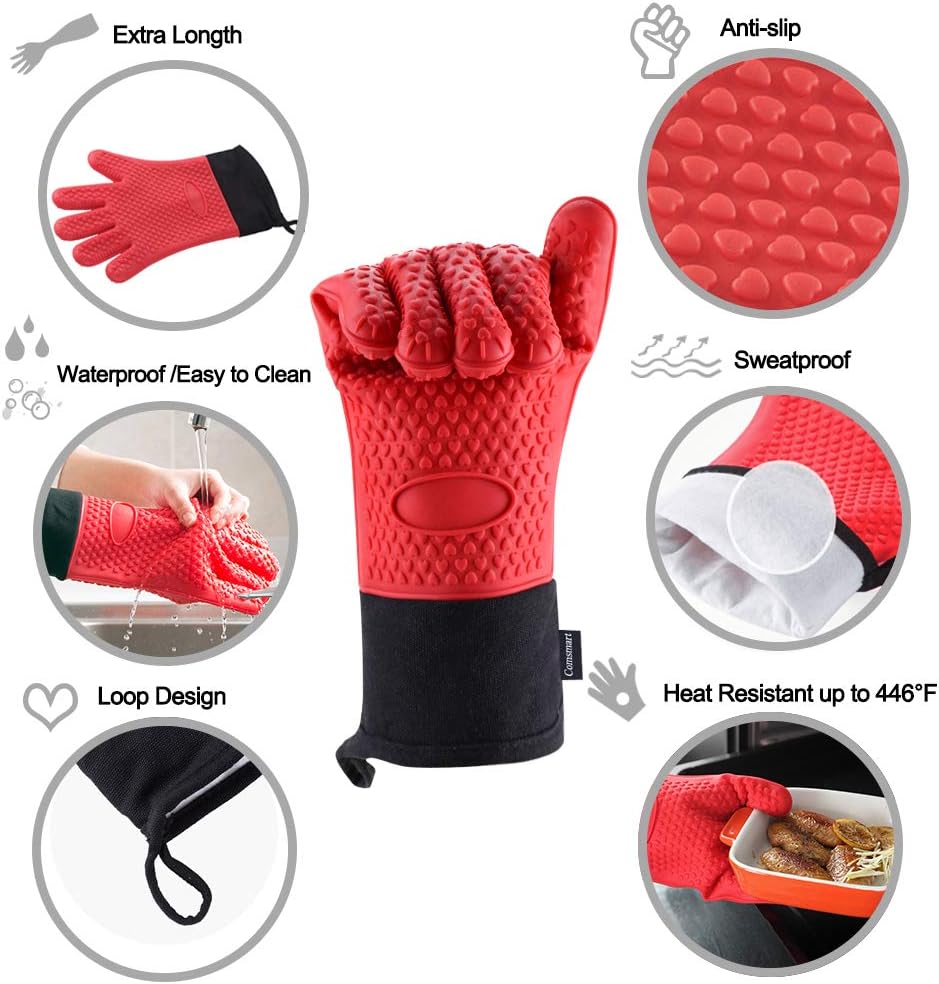 Oven Gloves, Heat Resistant Cooking Gloves Silicone Grilling Gloves Long Waterproof BBQ Kitchen Oven Mitts with Inner Cotton Layer for Barbecue, Cooking, Baking -Red: Home & Kitchen
