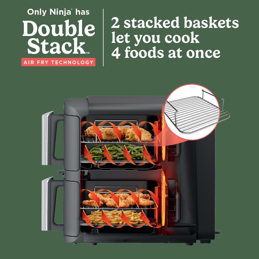 Freidora de aire inteligente Ninja DoubleStack XL de 2 cestas, sistema de cocción inteligente, tecnología DoubleStack Cocine 4 alimentos a la vez, diseño que ahorra espacio, 10 QT, 6 en 1, cocción inteligente con acabado y combinación, freír al aire, asar, hornear SL451