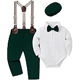 YUEMION Baby Boy Clothes Wedding Outfit Infant Tuxedo Gentleman Suits Dress Shirt+ Beret Hat +Suspender Pants +Bowtie 0-18M
