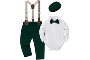 YUEMION Baby Boy Clothes Wedding Outfit Infant Tuxedo Gentleman Suits Dress Shirt+ Beret Hat +Suspender Pants +Bowtie 0-18M