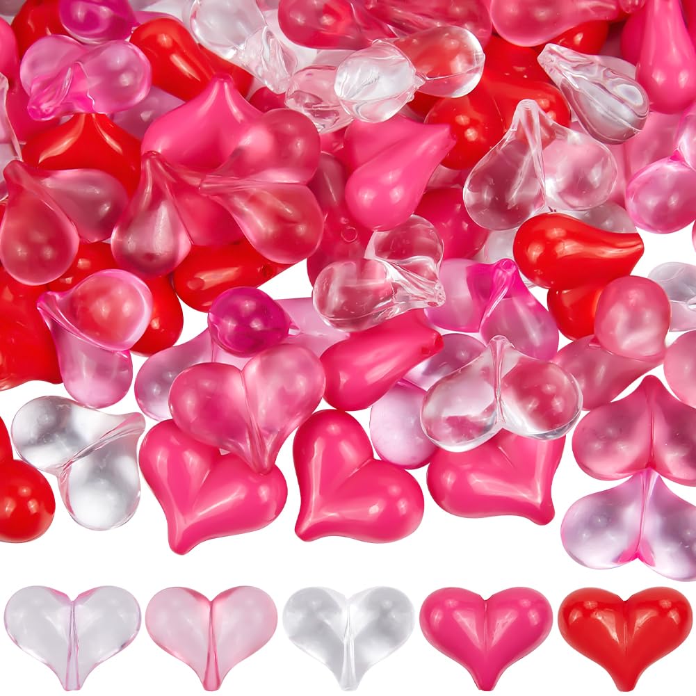 SUNNYCLUE 100Pcs 5 Colors Pink Heart Bead Valentine's Day Beads Bulk Acrylic Transparent Hearts Love Shaped Loose Spacer Bead for Jewellery Making Bracelets Necklaces Father's Day Mother's Day DIY