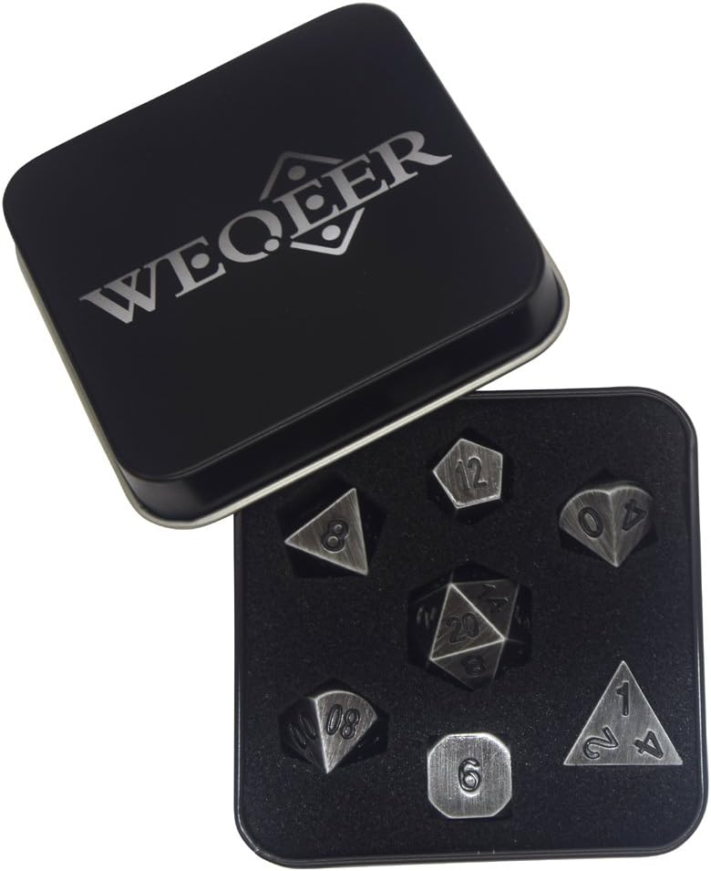 WEQEER RPG Metal Dice Set - 7 Antique Silver Finish Dice with Black Tin