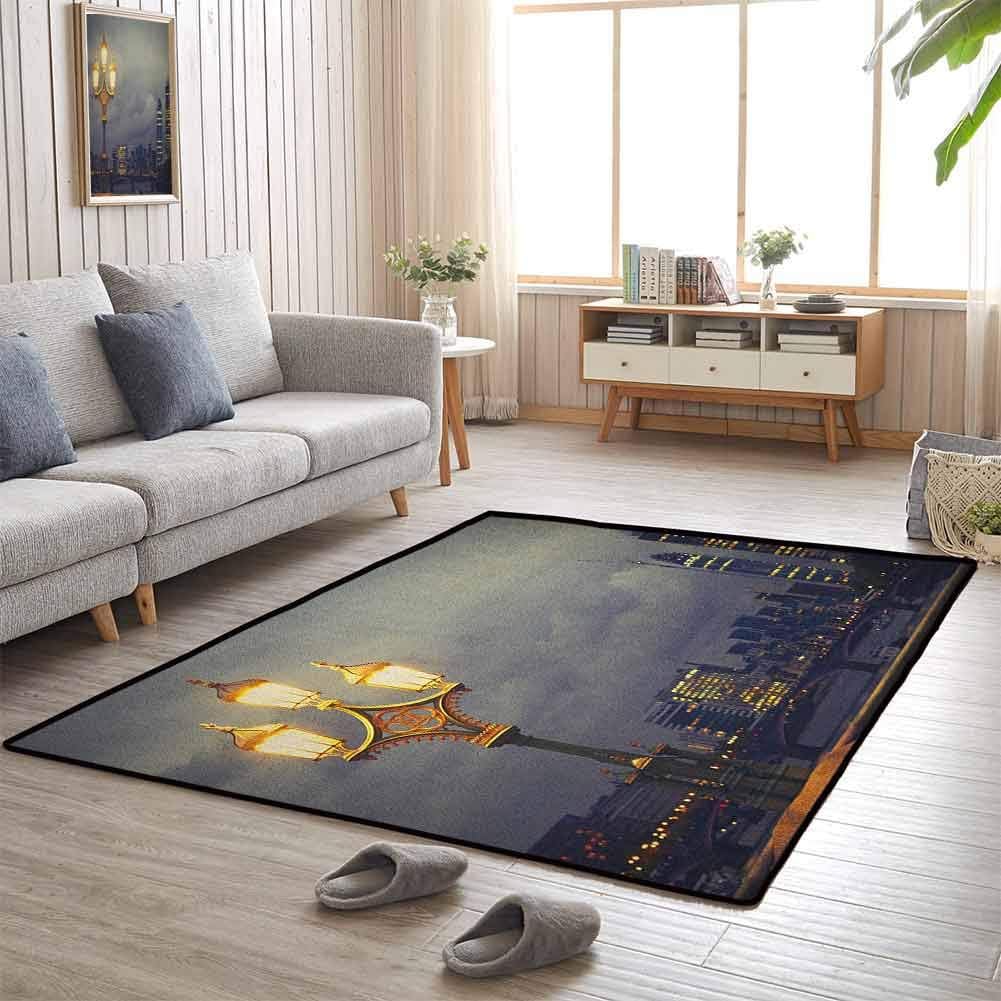 Night Crawling Mat Kids Rug Westminster Bridge London City UK Stormy Moody Weather European Urban Travel Extra Large Bedroom Rug 3'x5' Pale Grey Yellow
