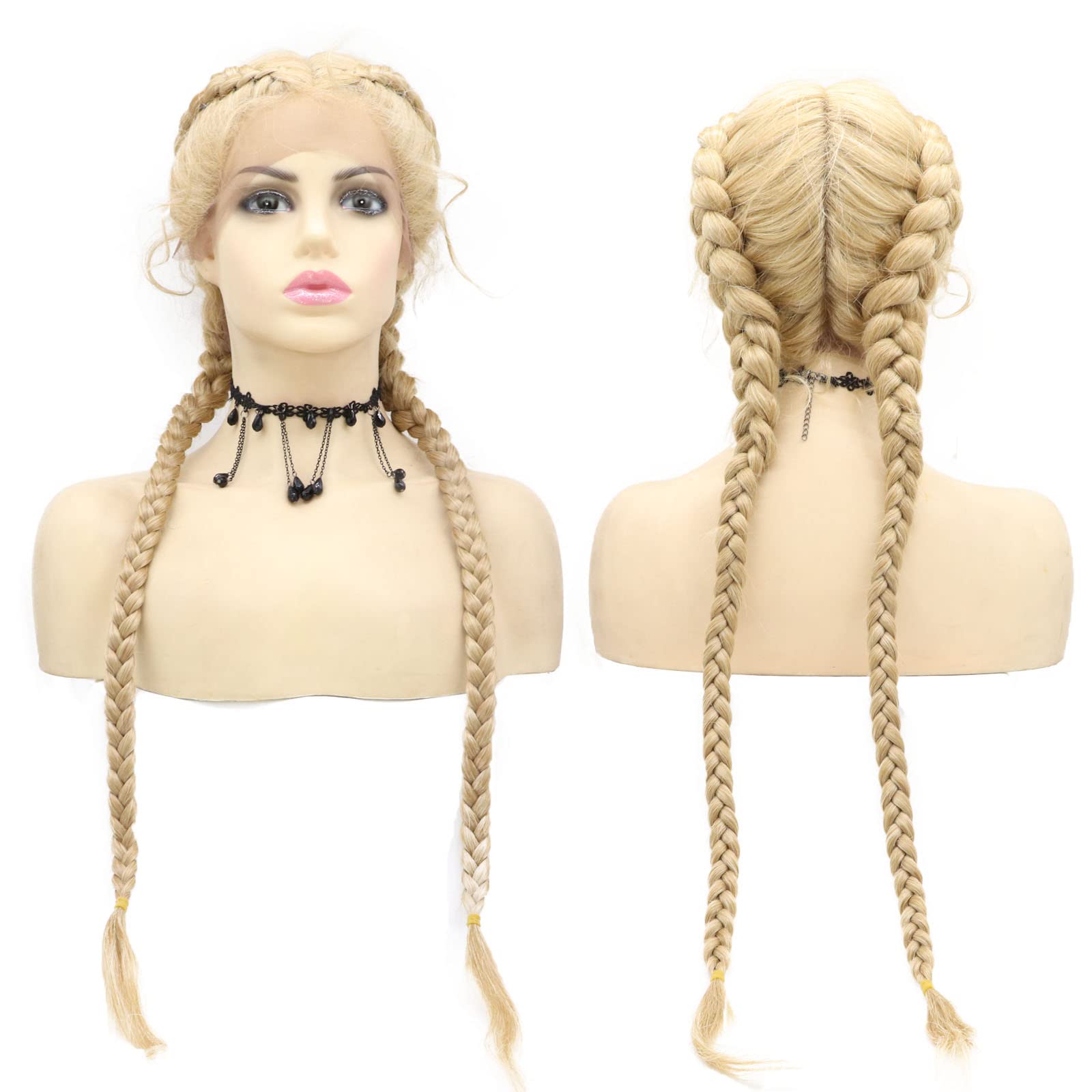 613 Blonde Synthetic Double Braid Lace Front Wig with Baby Hair Natural Looking Long Braided Wigs for Black Women Glueless Heat Resistant Fiber Handmade Twist Braids Hair Cosplay 28Inch
