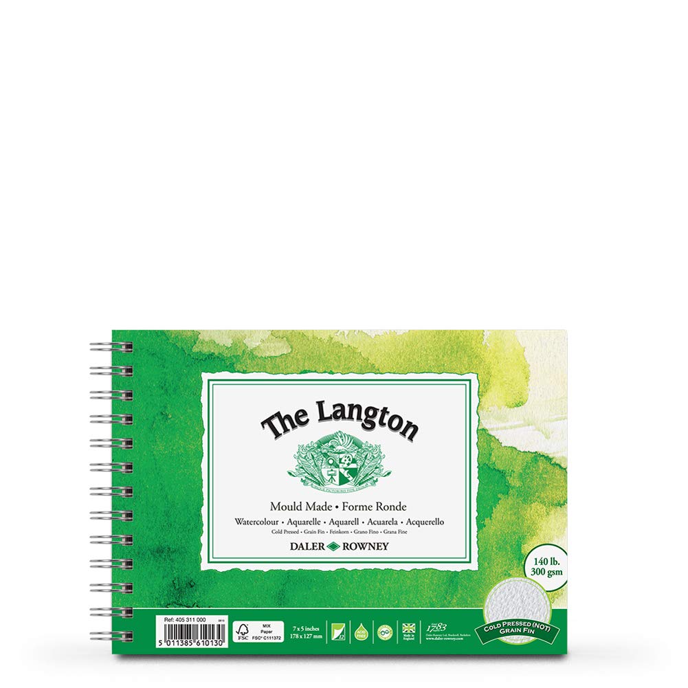 Daler-Rowney The Langton Watercolour Paper, Cold Pressed, 300 gsm, 140lb, Spiral Pad, 7 x 5in - 17.8 x 12.7 cm, Natural White, 12 Sheets