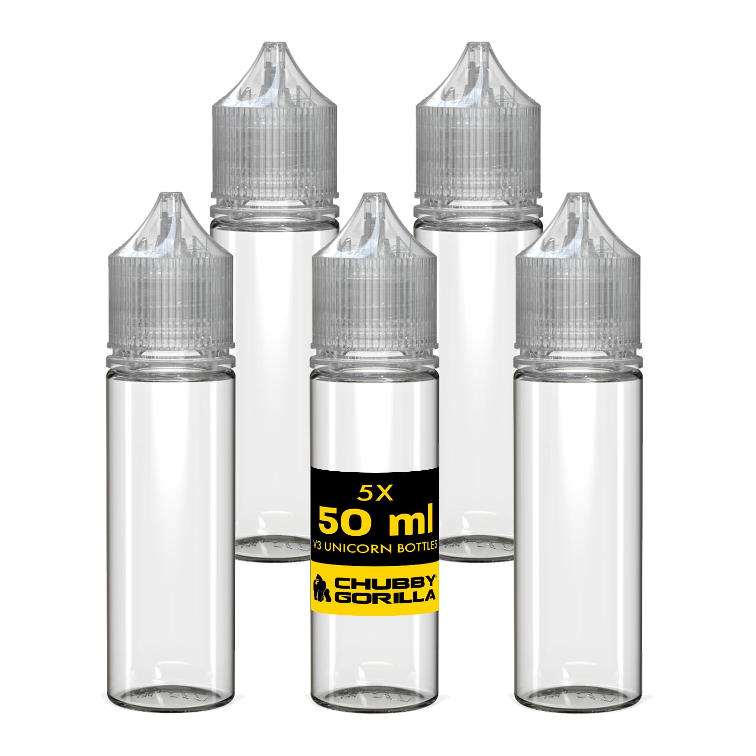 Chubby Gorilla V3 50ml PET Plastic Unicorn Bottles for Liquid - Empty Dropper Bottles - 5x 50ml (Clear Bottle With Clear Cap)