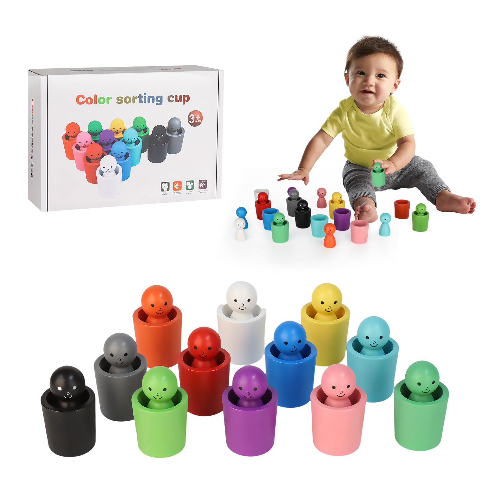 Lixstyea Colour Sorting Cups - Wooden Toys for Color Cognition, colours classification toddler games, colours Matching Sensory Play, educational toys for 2-3 year olds