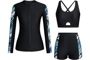 GOHRSHA Womens 3 Piece Rash Guard Swimsuit Set Long Sleeve Bathing Suits with Boy Shorts Criss Cross Push Up Bikini Sets