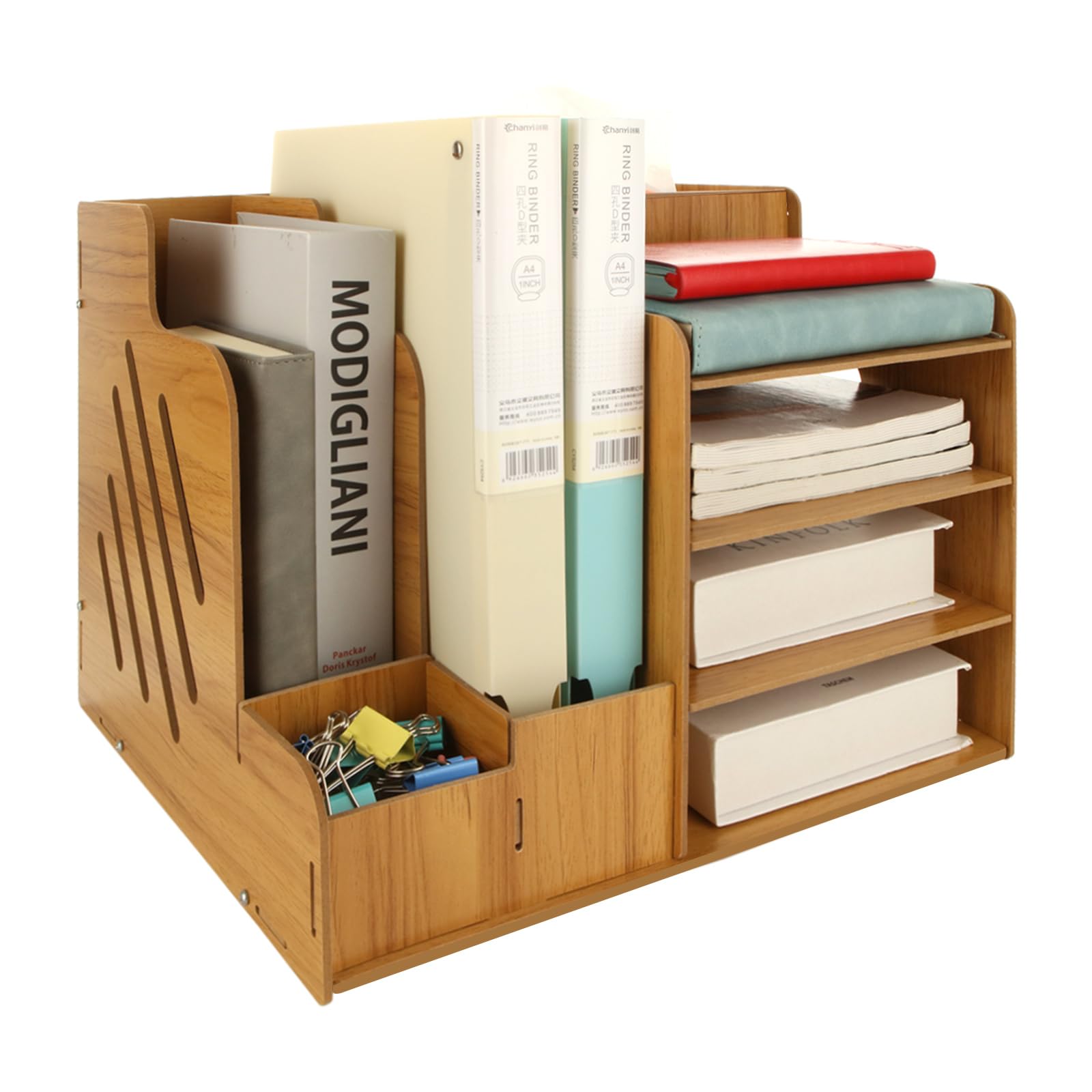 ASelected 4-Tier Wooden Desk Organizer Diy Office Supplies Storage Box Large Capacity Desk Tidy Storage Holder Sorter For A4 Papers, Pens, Books, Letters And Documents(Cherry Wood)
