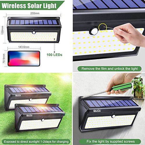 BAXIA Technology Solar Lights Outdoor, Wireless 100 LED Solar Motion