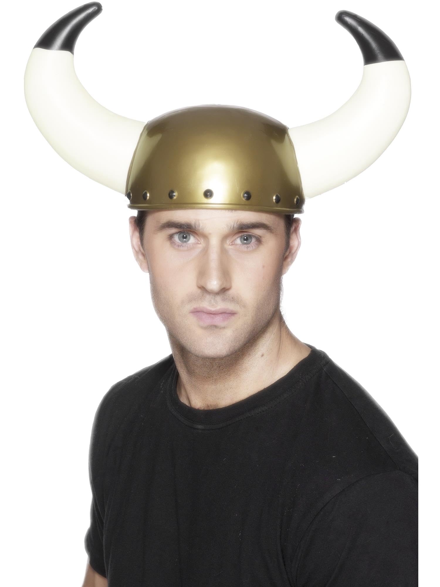 Smiffys Viking Helmet, Gold with Large Horns, Historical Fancy Dress, Adult Dress Up Hats Halloween