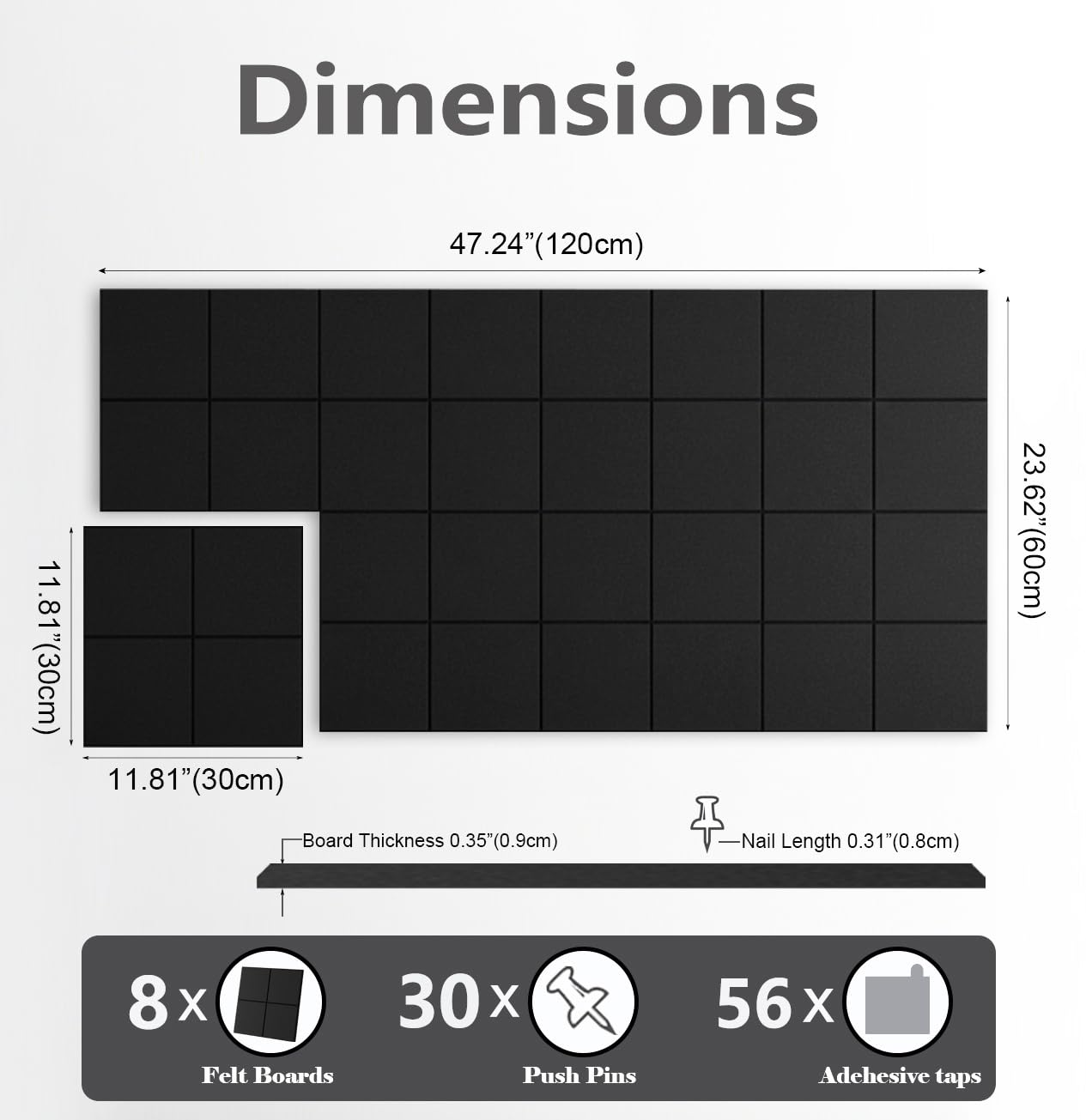 G Gamit Large Felt Wall Tiles Bulletin Board,Large Cork Board Alternative with 30 Pushpins,8-Pack Felt Pin Board with 56 Safe Removable Adhesive Tabs for Home Office School (Grid Black)