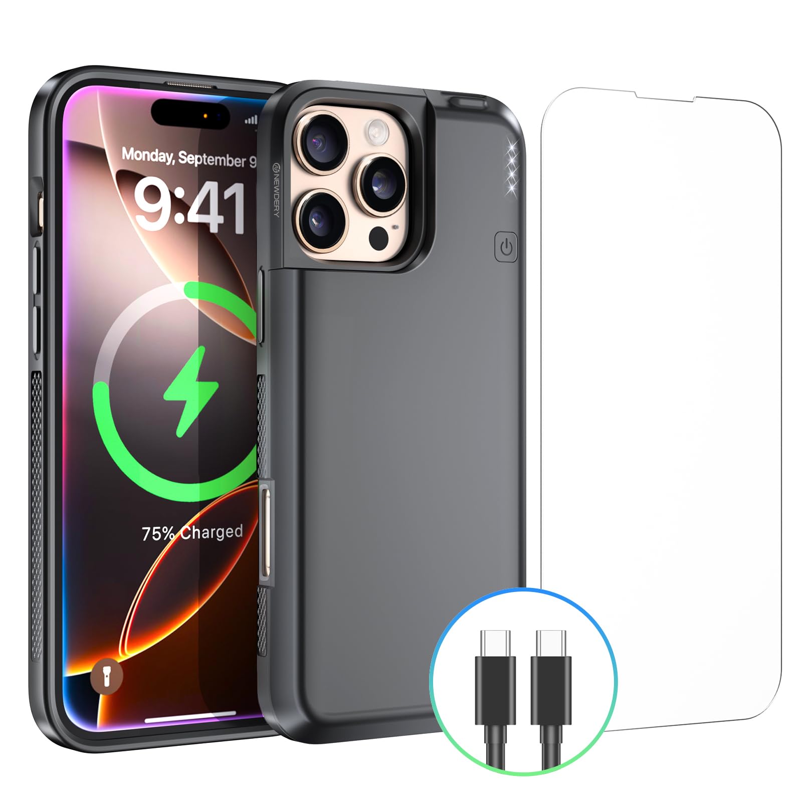 Photo 1 of NEWDERY Battery Case for iPhone 16 Pro 5000mah, CarPlay,Wired Headset,Sync-Data Supported, Portable Rechargeable Charger Charging Cover for iPhone 16 Pro 6.3” Black