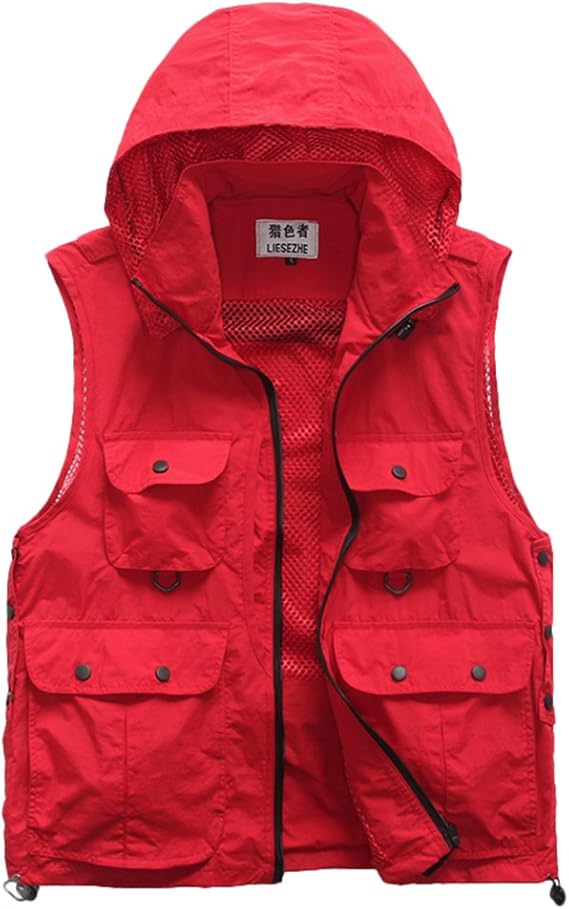 Amazon Co Jp メンズ 夏用 取り外し可能なフード付き フィッシングベスト 釣り アウトドアに Xl レッド 服 ファッション小物