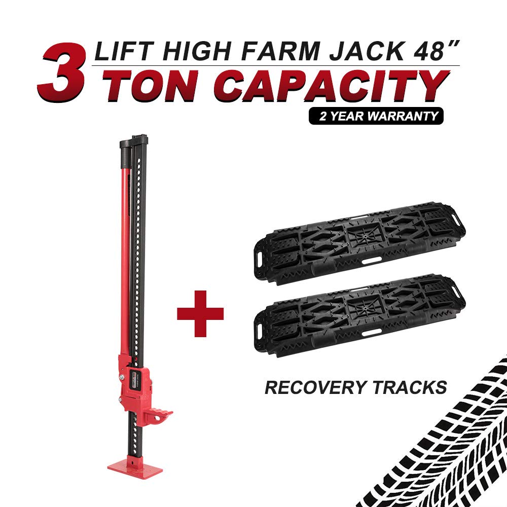 High Lift Farm Jack 48"(3 Ton) with 2 Pcs Recovery Tracks,BUNKER INDUST Hi-Lift with Traction Mat for Sand Mud Snow Track 4x4 4WD Offroad Recovery Emergency Pulling Equipment, Small Building and Truck