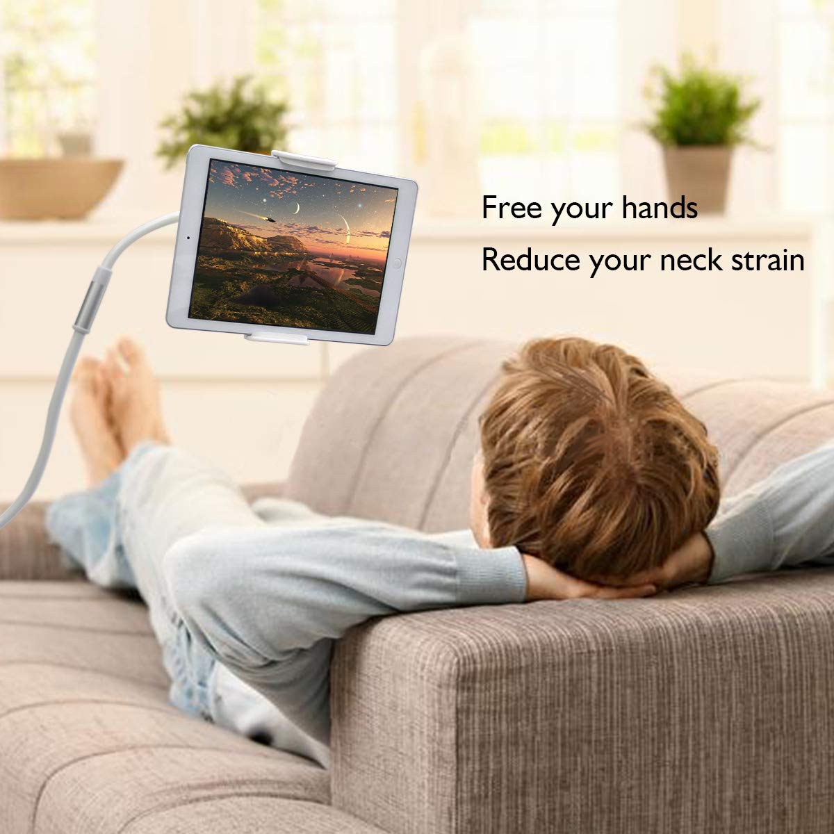 Licheers Lazy Phone Holder, 360 Rotating Flexible Long Arm Gooseneck Bracket for Universal Cell Phone, Solid Grip Securely Clamped to Counter Top, Bed Post, Desk (White)